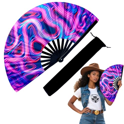 13 Inch Large Rave Fan & Clack Fan for Line Dancing - Folding Hand Fan with UV Glow for Boots on The Ground, Performance, Wedding, Party - Portable Handheld Fan for Women & Men - color: Circle*1