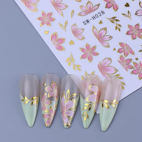 3D Flower Nail Art Stickers Decals Luxury Flower Petal Stickers with Tweezers 12 PCS Self Adhesive Pink Purple Blue Floral Gold Edge Decals Cherry Blossom Lily Summer DIY Manicure Nail Art Decoration - style: Flower Golden Edge Styles
