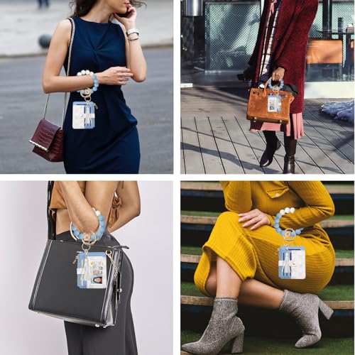 COOLANS Silicone Bracelet Wristlet Wallet Credit Card Holder RFID ID Window Key Ring Tassel Slim Wallet Women Keychain Purse - color: Blue White
