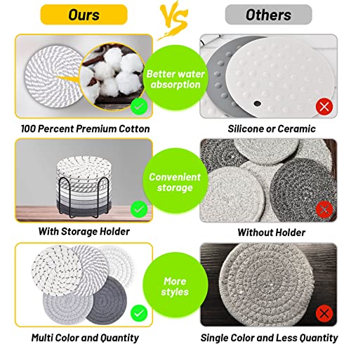 Billbotk 10 Pieces Coasters for Drink Absorbent, 5 Colors Drink Coasters with Holder, Woven Coasters Set for Coffee Table, Wooden Table Decor, Home Decor, 4.3 Inches - color: Gray 1