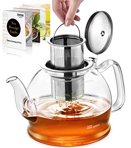 STNTUS Glass Teapot, 40 oz. / 1200 ml for Loose Tea, With Infuser and Stainless Steel Strainer, Stovetop Safe, 4-6 Cups - size: 1200ml/40oz