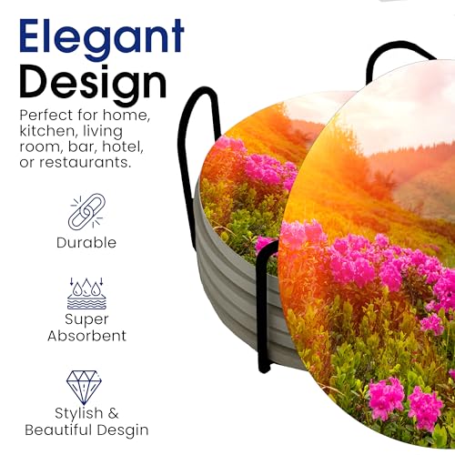Spring Season Flowers Round Coasters Set of 6 - Abosrbent Ceramic Coasters with Metal Stand for Drinks, Coffee, Non-Slip Cork Back for Tabletop Protection, 4 Inches (Sunset) - color: Sunset