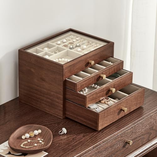 Black Walnut Wooden Women Jewelry Box with Glass Lid, 4 Layer - style: 4 Layer A