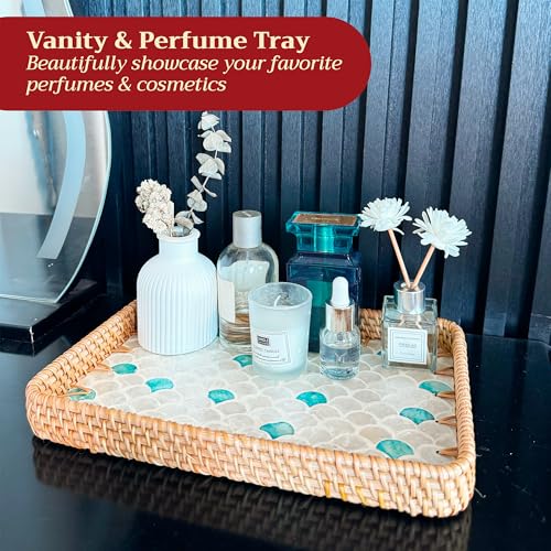 Rattan Tray Rectangle with Mother of Pearl – Unique Decorative Rattan Serving Tray for Food, Bread, Fruits, Snacks & Organizing Bathroom, Coffee Table – Christmas & Housewarming Gift (Fin 13.3"x9.4") - color: Fin 13.3"