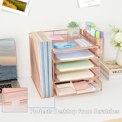 5-Tier Desk File Organizer with Drawer & Pen Holder (Rose Gold) - color: Rose Gold