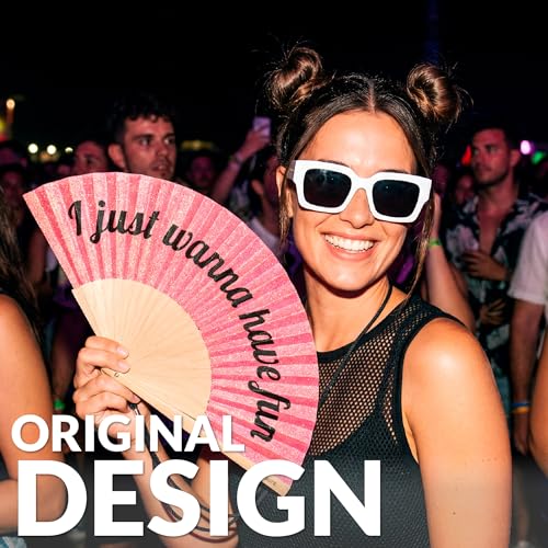 Fisura – Original folding fan with “Have Fun” message. Modern and colorful wooden folding fan. Pink glitter folding fan. Includes strap. Fun gift idea. 16.7 x 9 in. - color: Have Fun, Pink
