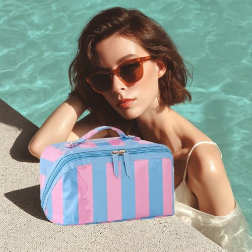 DYSHAYEN Travel Makeup Bag, Blue and Pink Striped - color: Blue-Pink