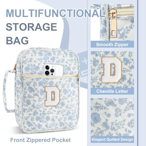 Personalized Initial Bible Cover Case for Women Girls Kid - Large Quilted Bible Case with Handle,Chenille Letter Bag Study Supplies,Christmas Gifts for Christians Birthday Graduation(Blue Flower-D) - color: Blue Flower, size: letter-D