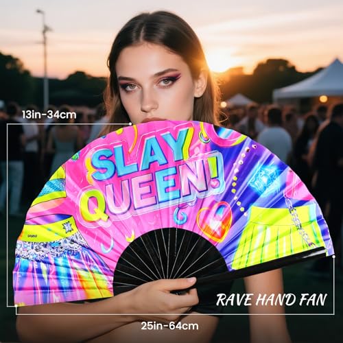 SYNTECSO Folding Hand Fan for Rave, UV Glow Clack Fan - color: Slay Queen