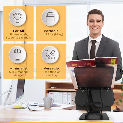 Foldable Book Stand for Reading – Adjustable Book Holder Height Up to 17.8″, Reading Stand with 13″ × 8.7″ Platform – Lightweight 3.3 lb Portability