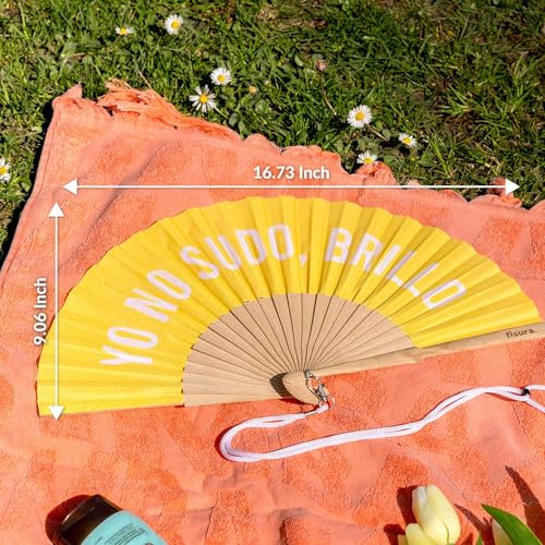 Fisura – Original Folding Fan with Message “Yo no sudo, Brillo”. Wooden Handheld Fan for Women. Lightweight Party Accessory for Weddings, Raves, Birthdays, Festivals and Unique Gifts. - color: Brillo, Yellow