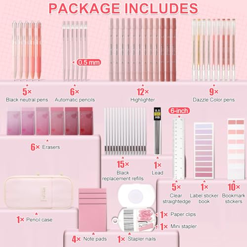 Eersida 74 Pcs School Supplies Set with Pencil Pouch, Pink, Cute Style - color: Pink, style: Cute Style