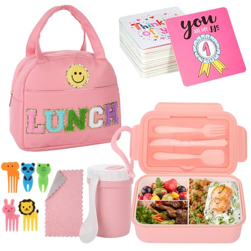 77 Pieces Preppy Bento Box Lunch Box Kit Large Pink Insulated Lunch Bag 3 Layer Stackable Leakproof Lunch Box Containers with Cup,Lunch Bag,Spoon,Fork,60 Pieces Lunch Box Notes for Girl(Pink) - color: Pink