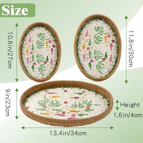 3 Pcs Oval Mother of Pearl Inlay Green Fish Decorative Rattan Serving Tray - color: Green Fish