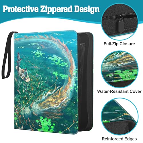 Top Loader Binder, 9 Pocket Holds 360 Toploaders, Acid-Free PVC-Free Side-Loading Pages, Full-Zip PU Binder for Standard 3" x 4" Top Loaders, TCG, MTG & Sports Cards, Blue Lake Dragon - color: Blue Lake Dragon
