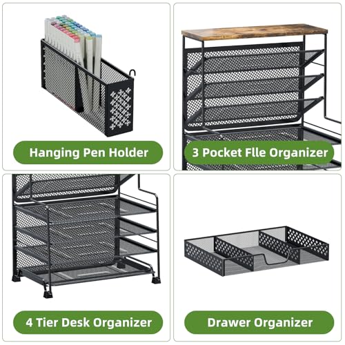 Ekisemio 8 Tier Desk File Organizer with Sliding Drawer, Desktop Organizers and Accessories, Letter Size File Organizer for Desk, Black
