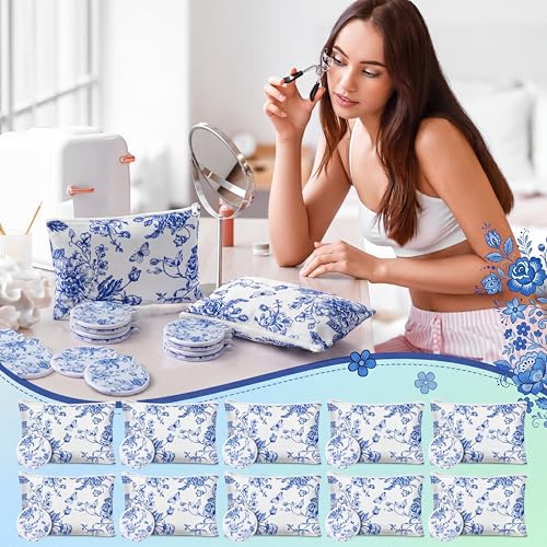 Gilprop 20 Pcs Bridal Shower Favors for 10 Guests, Makeup Bags with Mirror - style: Blue Plain Flowers