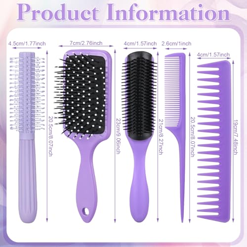 5Pcs Hair Brush Set for Women Hair Comb Detangler Brush for Men and Women Wet, Dry, Curly and Straight Hair - color: Purple
