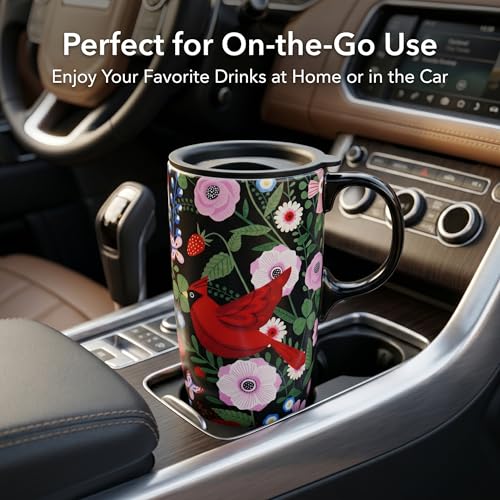 Topadorn 17oz Ceramic Coffee Mug with Lid, Cardinal Bird Floral Cup - color: Bird & Floral