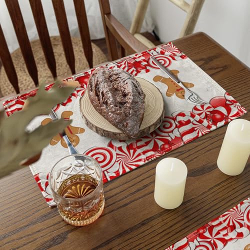Ansouyi Placemats Set of 6, Christmas Candy Cane and Gingerbread Man Washable Heat Resistant Linen Table Mats, Kitchen Decor Non-Slip Place Mats for Party Dining, 12x18 Inch - color: Gingerbread