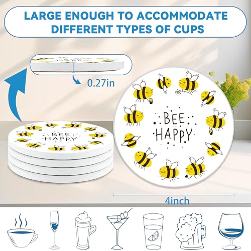 Bee Coasters Set of 4, Absorbent Ceramic with Cork Backing, Bee Happy Coaster Mats for Drinks, Ideal Gifts for Women Men - color: Bee Happy