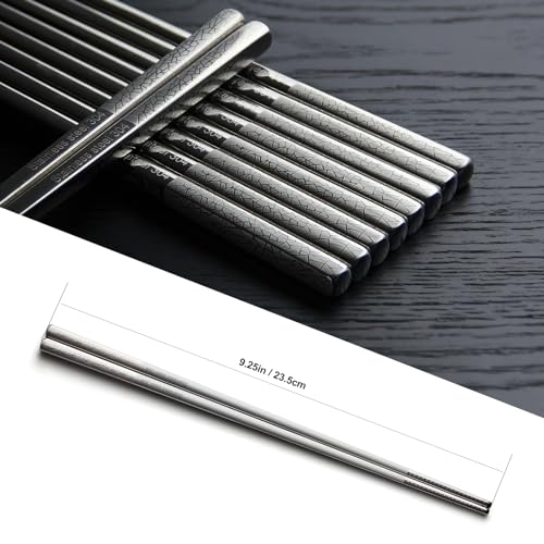 IQCWOOD 5 Pairs 18/10 Stainless Steel Chopsticks, 9.25 Inches - color: Grid Pattern