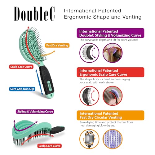 NuWay® DoubleC® Scalp Care Hair Brush – Patented Double Curve Design for Scalp Massage, Vented Blow-Dry Styling, Wet & Dry Hair, All Hair Types (Mint Green) - color: Mint Green