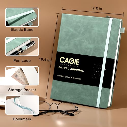 CAGIE Bullet Dotted Journal Notebook 320 Pages 100 GSM Paper Hardcover B5 Dot Grid Notebook Leather Journals for Writing Women Men Work Journaling, Green - color: Green, style: Dotted B5