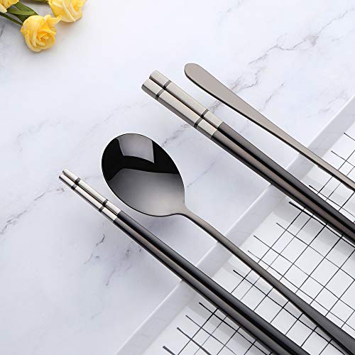 Buyer Star 4 Set Black Square Chopsticks and Spoons Set Metal Stainless Steel Spoons Chopsticks Set - color: black-square chopstick and spoon