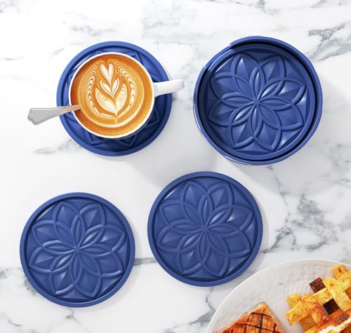 HFHOME Silicone Coasters Set With Holder - 6 Pack for Drinks, Coffee Table, Cup Mat, Desk, Bar - Tabletop Protection Gift - Navy Blue - color: Navy Blue
