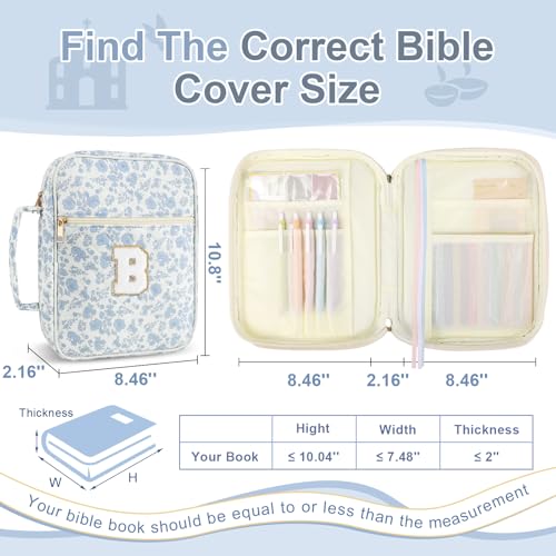 Personalized Initial Bible Cover Case for Women Girls Kid - Large Quilted Bible Case with Handle,Chenille Letter Bag Study Supplies,Christmas Gifts for Christians Birthday Graduation(Blue Flower-B) - color: Blue Flower, size: letter-B