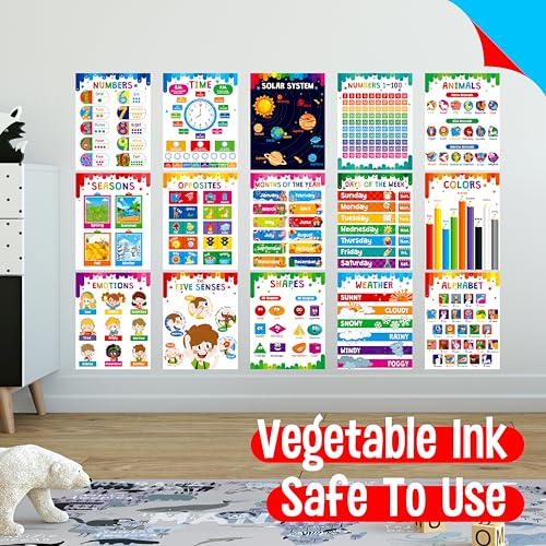 15 Packs Educational Poster, Thick Early Learning Posters Waterproof & Tear Proof with PET Film, Alphabet/Animals/Opposites/Emotions/Numbers Posters for Kindergarten Preschool Toddlers (14.5”x11”) - size: Educational Poster (14.5”x11”)