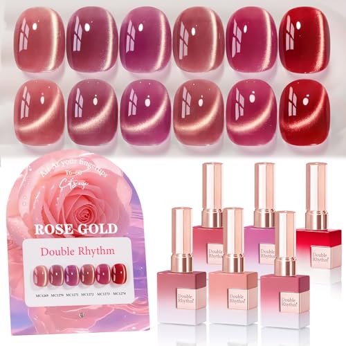 Double Rhythm Cat Eye Gel Nail Polish Set of 6 Same Color Same Bottle 0.5 Oz Shimmer Glitter with Magnet Holographic Reflective Magnetic UV Nail Polish Kit at Home (Golden Rose Pink-T6-60) - color: Golden Rose