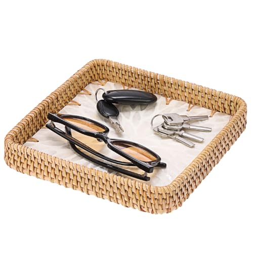 Small Wicker Tray, Handwoven Rattan Key Basket for Entryway Table - color: White, size: 8.3" x 8.3" x 1.6"