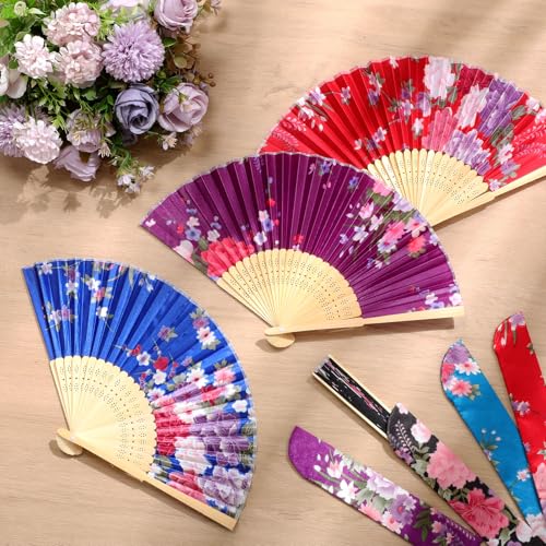 Zonon 4 Pack Hand Held Folding Fans for Women Silk,Japanese Flowers - style: Japanese Flowers