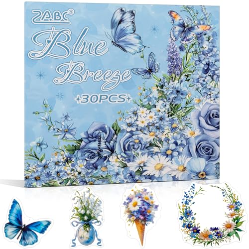 Blue Butterfly Garden Theme Sticker Scrapbooking Supplies for Junk Journal, 30 Sheets PET Stickers - Vintage Journaling Stickers, Ephemera Sticker Book Pre Cut(TZ-005-002) - color: The Blue Wind