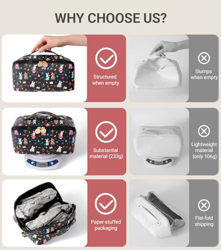 Aveniee Travel Makeup Bag for Women, Large Cosmetic Organizer with Open-Flat Design, Clear Divider & Handle - Waterproof PU Leather Toiletry Case (BunnyPattern) - style: Bunny Bear