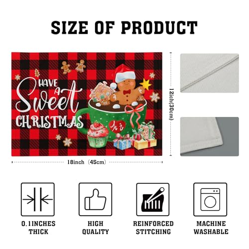 Giwawa Gingerbread Placemats Set of 4, Have A Sweet Christmas Red Black Buffalo Plaids Place Mat, Winter Hot Cocoa Cookie Table Mats 12"x18" for Kitchen Dining Holiday Party Decor - color: Gingerbread
