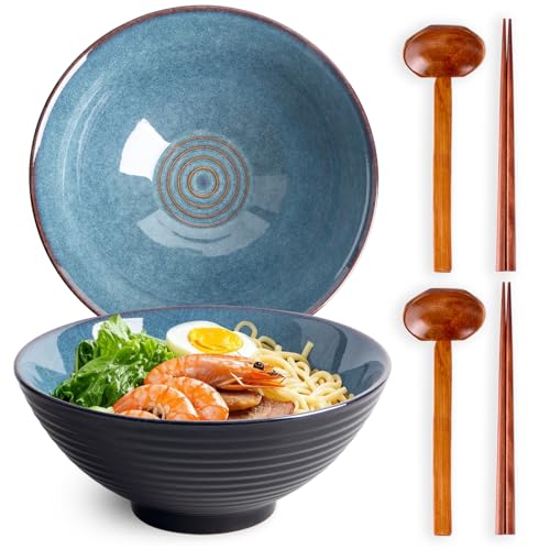 40oz Japanese Ceramic Ramen Bowl Set of 2 with Chopsticks and Spoons for Pho Udon Asian Soup Noodles (Blue Glaze) - color: Blue Glaze