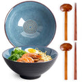 40oz Japanese Ceramic Ramen Bowl Set of 2 with Chopsticks and Spoons for Pho Udon Asian Soup Noodles (Blue Glaze) - color: Blue Glaze