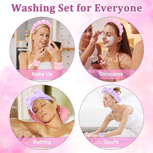 6 Pcs Spa Headband Set - Terry Cloth Headbands with Sponge Wristbands for Skincare, Makeup Removal, and Shower - color: Pink+Purple
