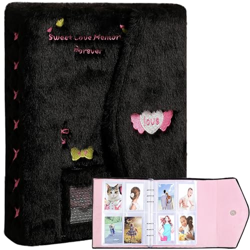 A5 Binder Kpop Plush Photocard Album with 20 Pcs Inner 3 Inch Photo Album Sleeves in Loose Leaf Refillable 6 Rings Binder Cover Photocard Holder Book for Picture Cards Storage (Black) - color: Black