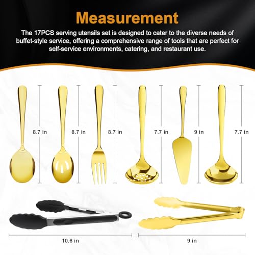 17PCS Serving Spoons and Utensils Set, Stainless Steel Serveware Gold - color: Gold