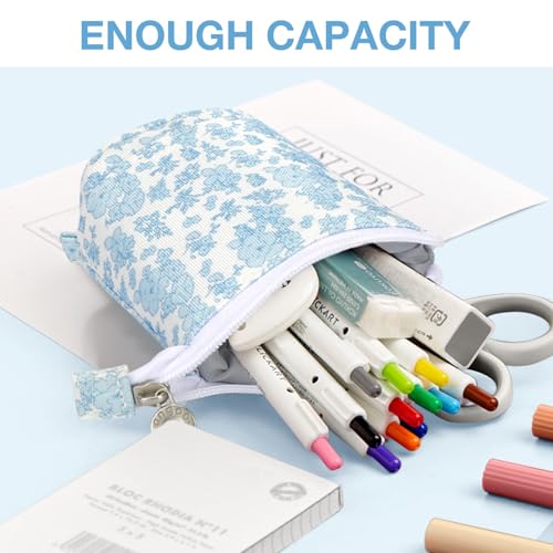 Cute Standing Pencil Case Pen Holder for Kids, Pop Up Stand UP Bubble Tea Pen Organizer Kawaii Stationary for Christmas Holiday New Year Office (Blue flowers) - color: Blue Flowers