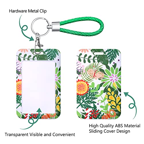 ID Card Badge Holder Key Chain with Metal Keyring, Plastic Slide Open with ID Window for Women Men Girls Students,reen Plant Colorful - color: Colorful Plant