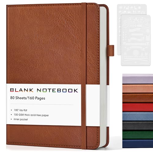 Journal Notebook, A5 Leather Hardcover Blank Sketchbook, 160 Pages, 180° Lay-Flat Binding, 100 GSM Thick Paper, for Sketching, Drawing, Art Journaling & Creative Writing (Brown) - color: Brown, size: Plain
