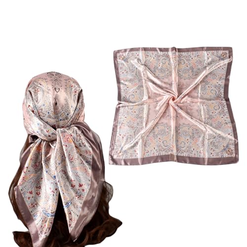 35 Inches Silk Head Scarf-Satin Hair Scarves Silk Bandana Scarf Headscarf for Women's Fashion Scarves - color: Large Floral Cashew Nut - Pink