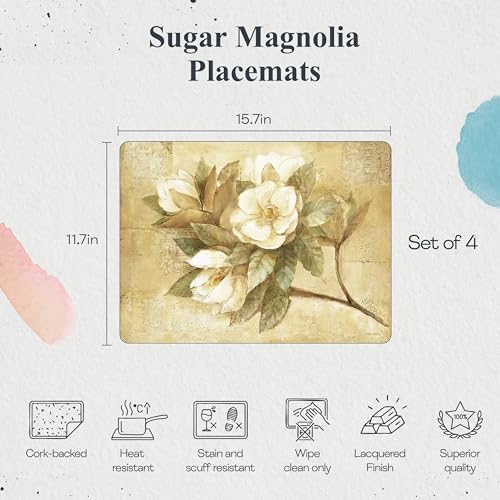 Pimpernel Sugar Magnolia Collection Placemat Set – (15.7" x 11.7") Cork-Backed Table Mats with Lacquer Finish, Heat & Stain Resistant, Decorative Dining Mats & Surface Protectors for Kitchen & Home - size: 15.7" x 11.7" Rectangular, style: Sugar Magnolia
