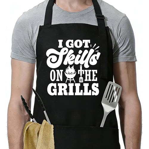Funny Apron for Men Women,Humorous Kitchen Apron- Grilling Cooking BBQ Accessories, Gift for Dad Husband - color: I Got Skills on the Grills