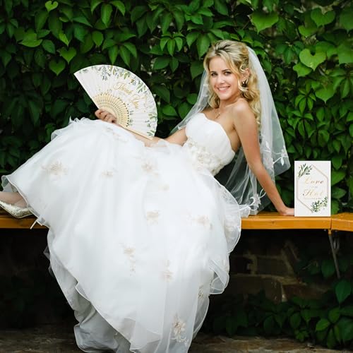 Aneco 30 Sets Green Leaves Wedding Folding Fans, Bamboo Handheld Folding Fans with Organza Bags Table Sign, Thank You Vintage Silk Handheld Fan for Bridal Shower Wedding Party Decorations - color: Green Leaves